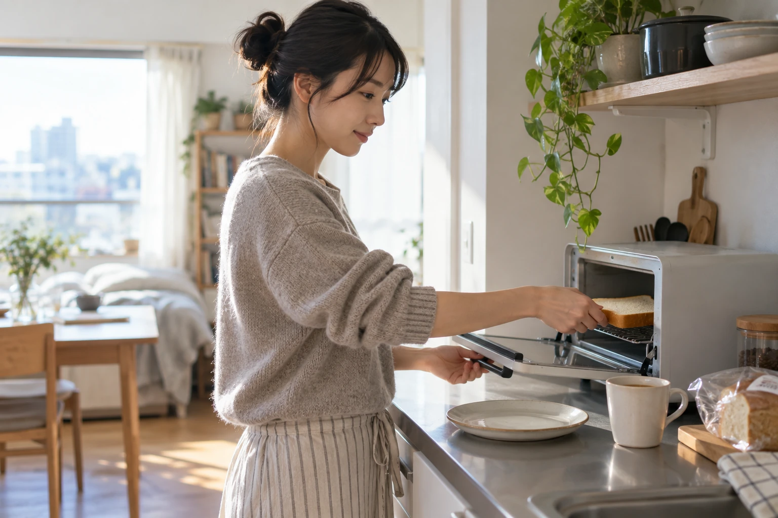 一人分の朝食をトースターに入れる場面