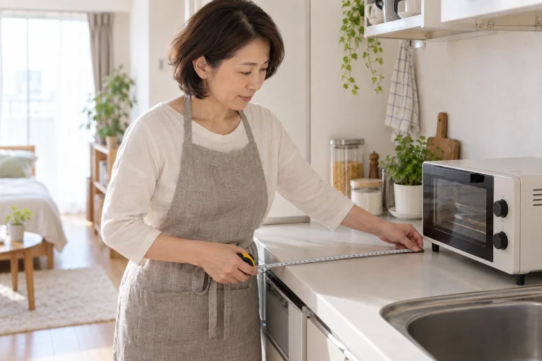 トースターの置き場所をメジャーで測る一人暮らしの女性
