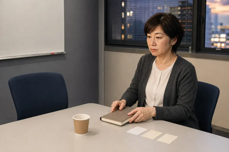 水曜夕方、上司が去った会議室で評価面談を受け止めている47歳の女性