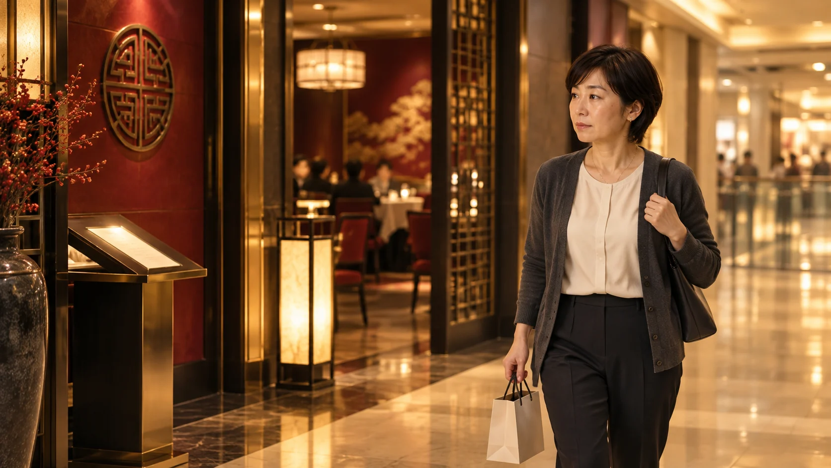 予定変更の連絡を見て中国料理店の前で立ち止まる美咲さん