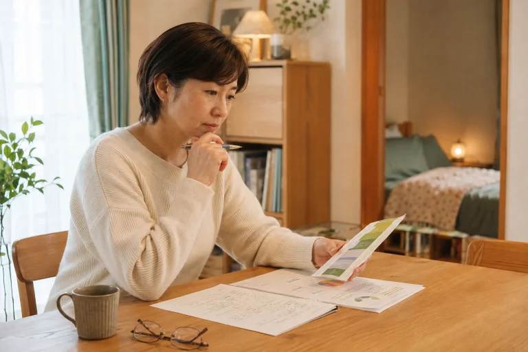 自宅の食卓で家計表と個人年金の資料を見比べる40代女性