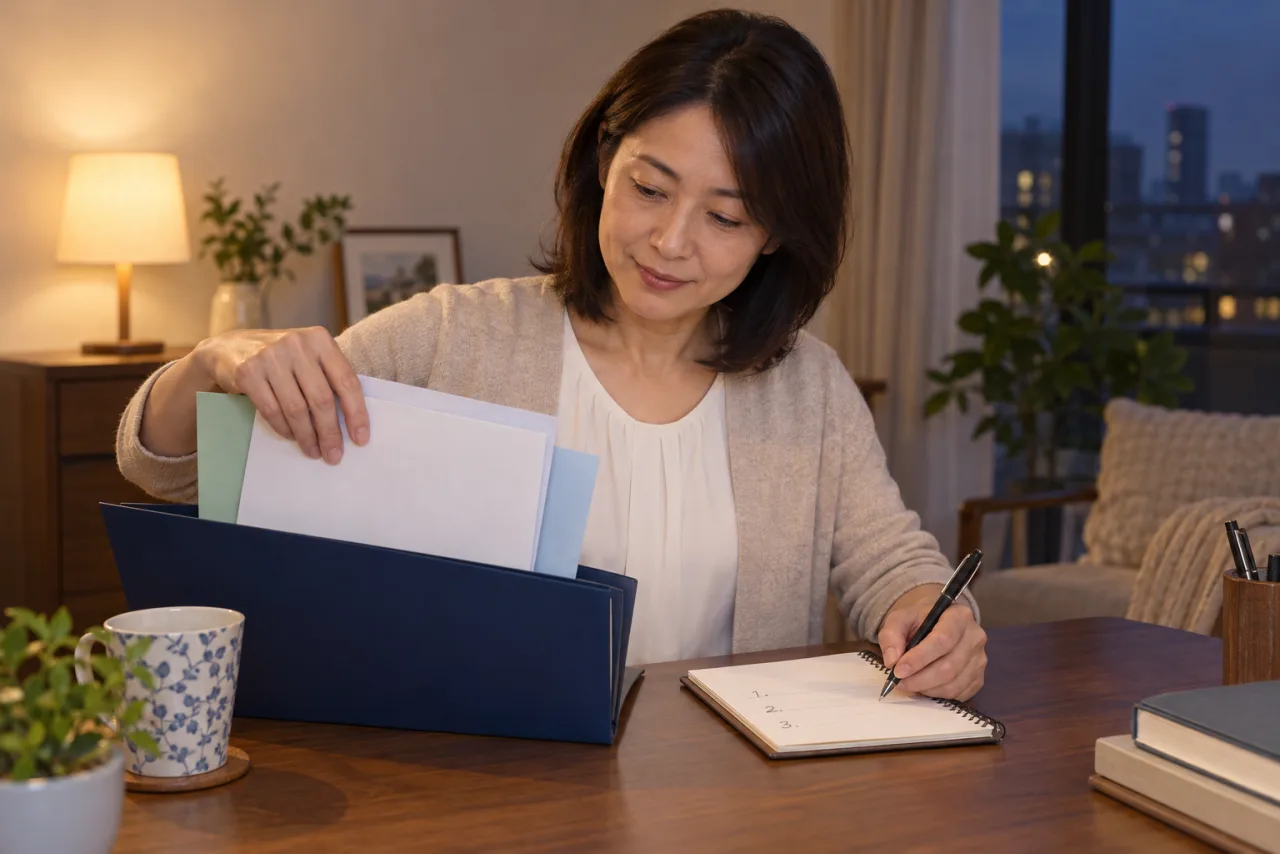 保険証券を整理し相談前の質問を書く美咲さん