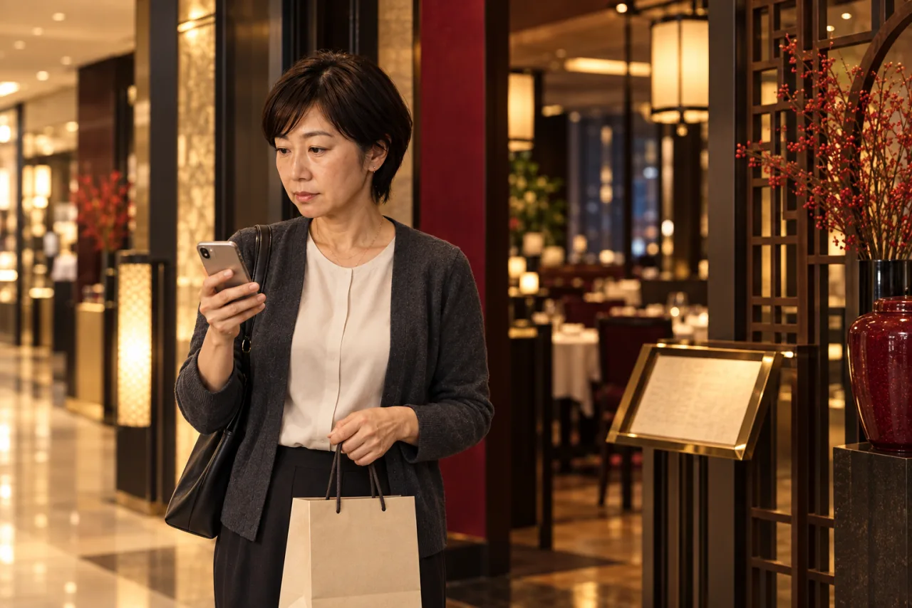 予定変更の連絡を見て中国料理店の前で立ち止まる美咲さん