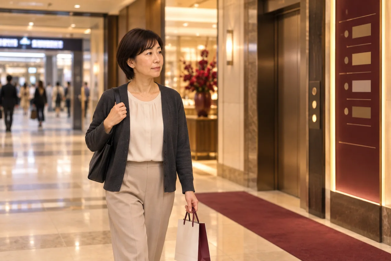 地下鉄から百貨店へ入りレストラン階のエレベーターへ向かう美咲さん