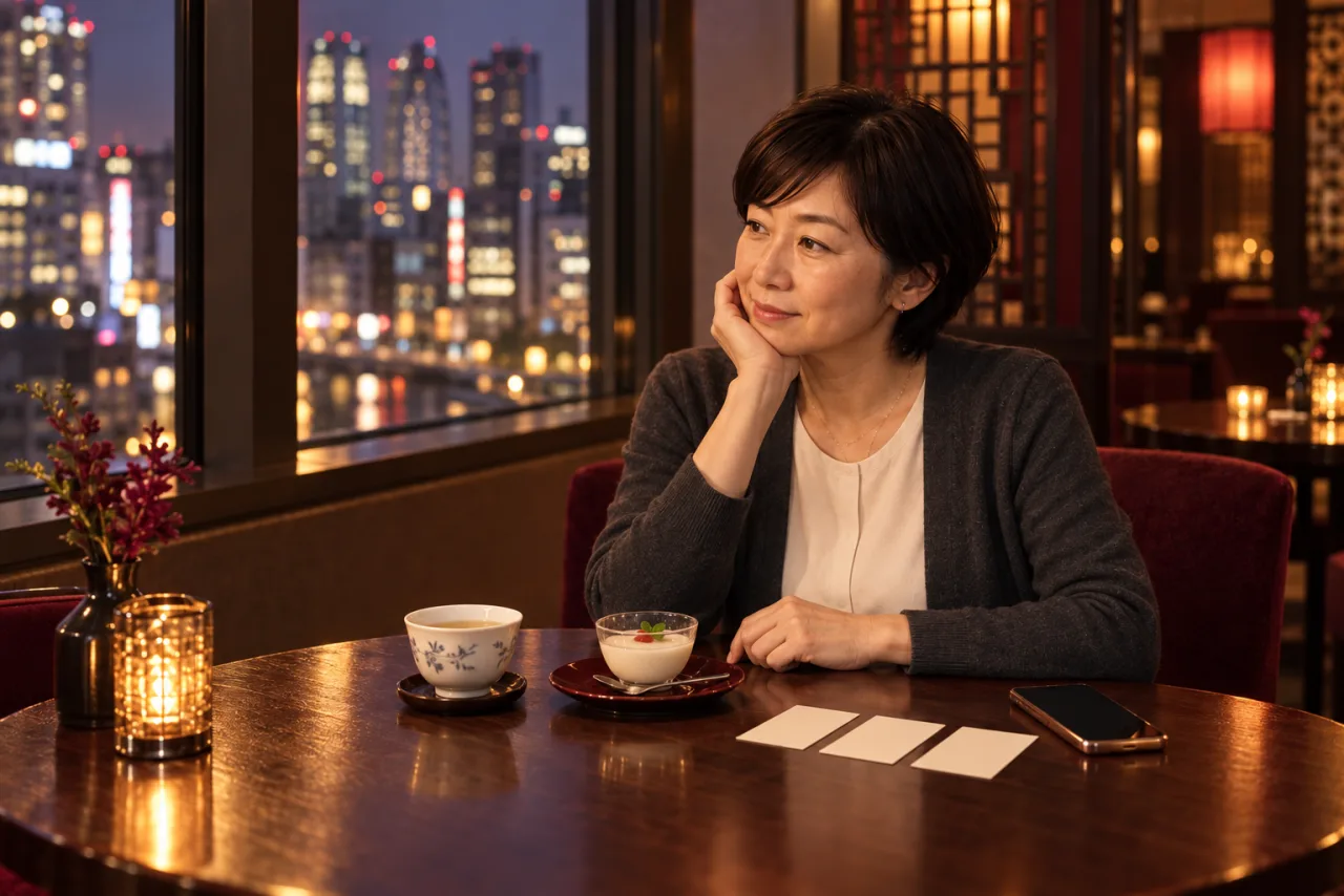 食後の甘味と中国茶を前に新宿の夜景を眺める美咲さん