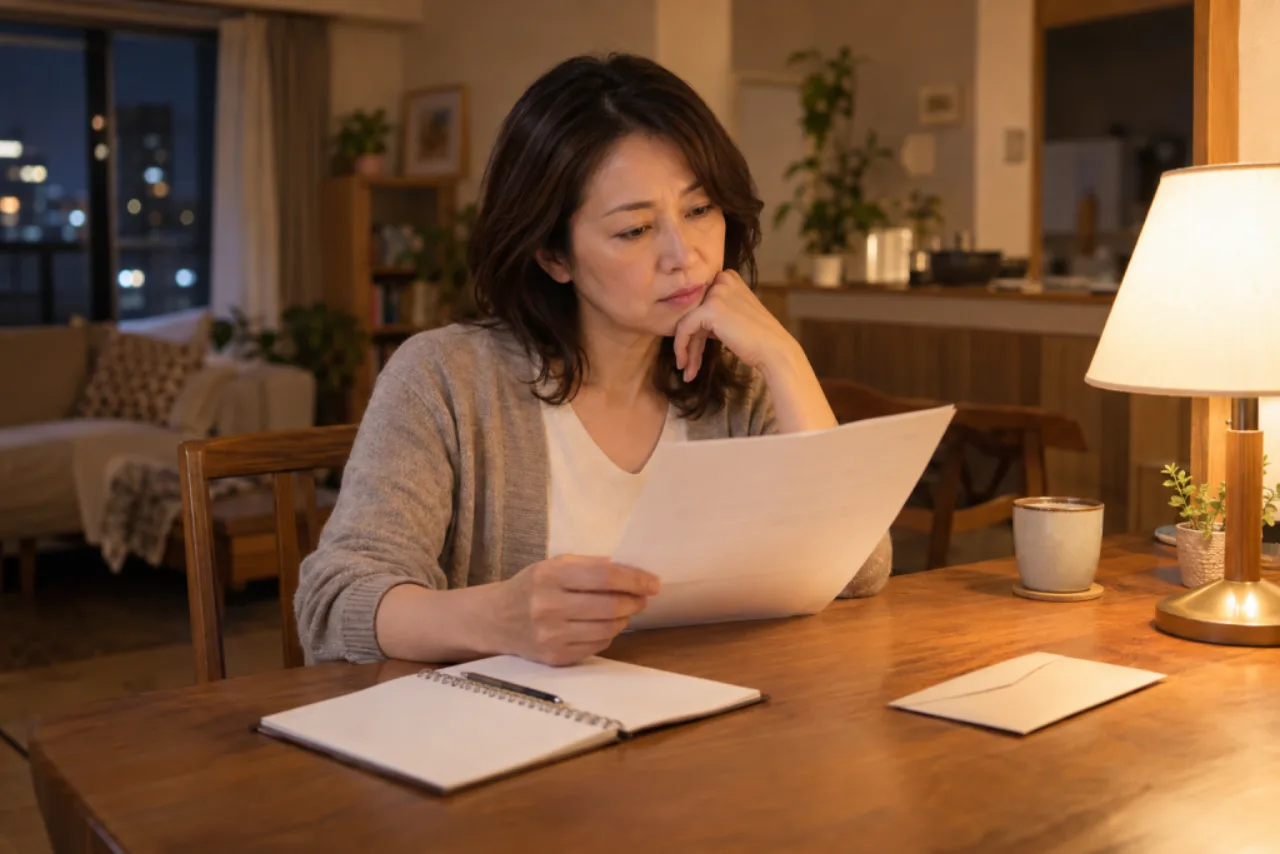 夜の食卓で、保険の書類を読みながら顎に手を添えて考える美咲さん