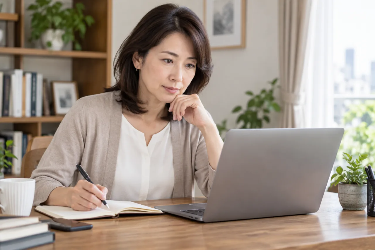 転職エージェントの支援範囲と費用を確認する美咲さん