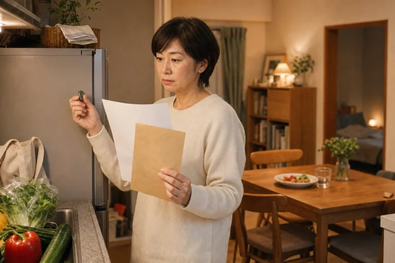 賃貸契約の更新案内を手に、冷蔵庫の前で将来の家賃を考える47歳の女性