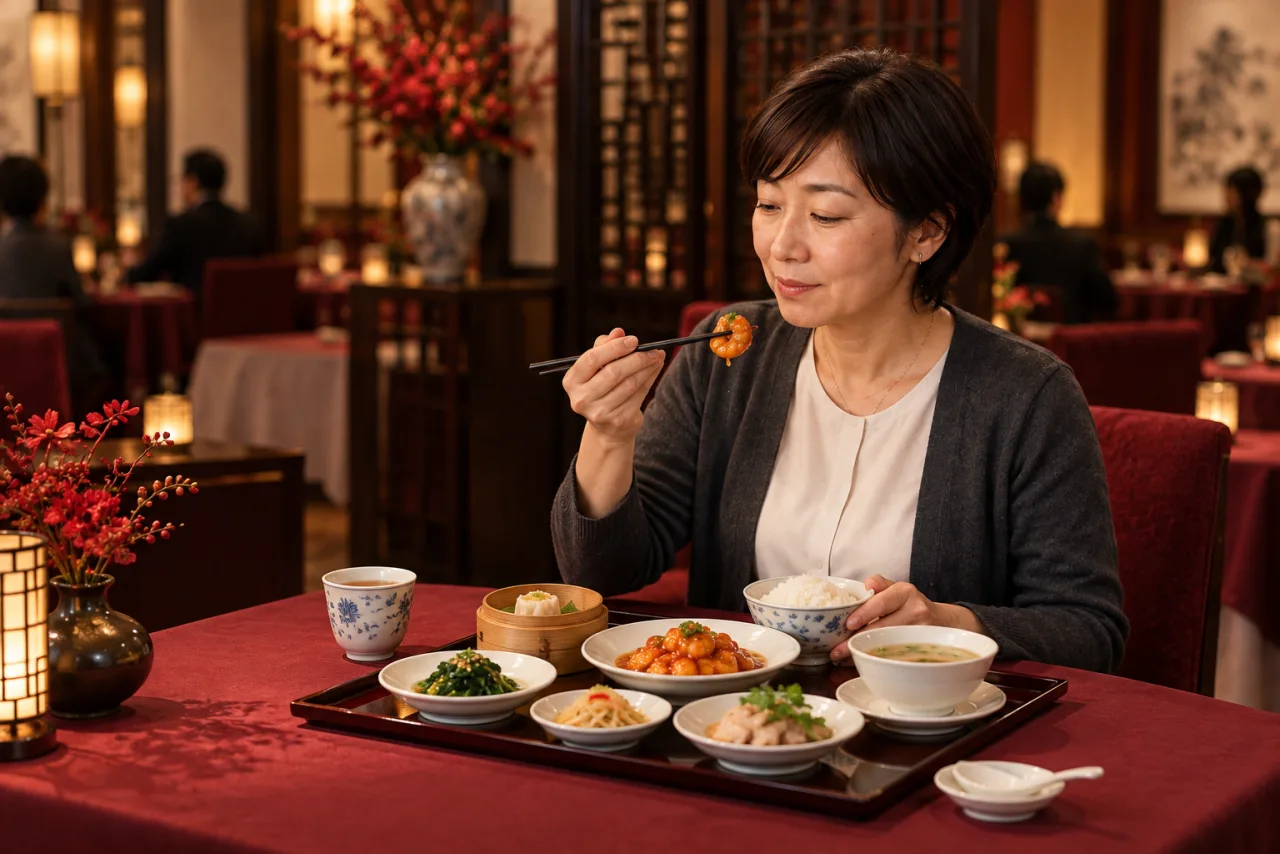 ゆったりしたテーブル席で一人分の中国料理を楽しむ美咲さん