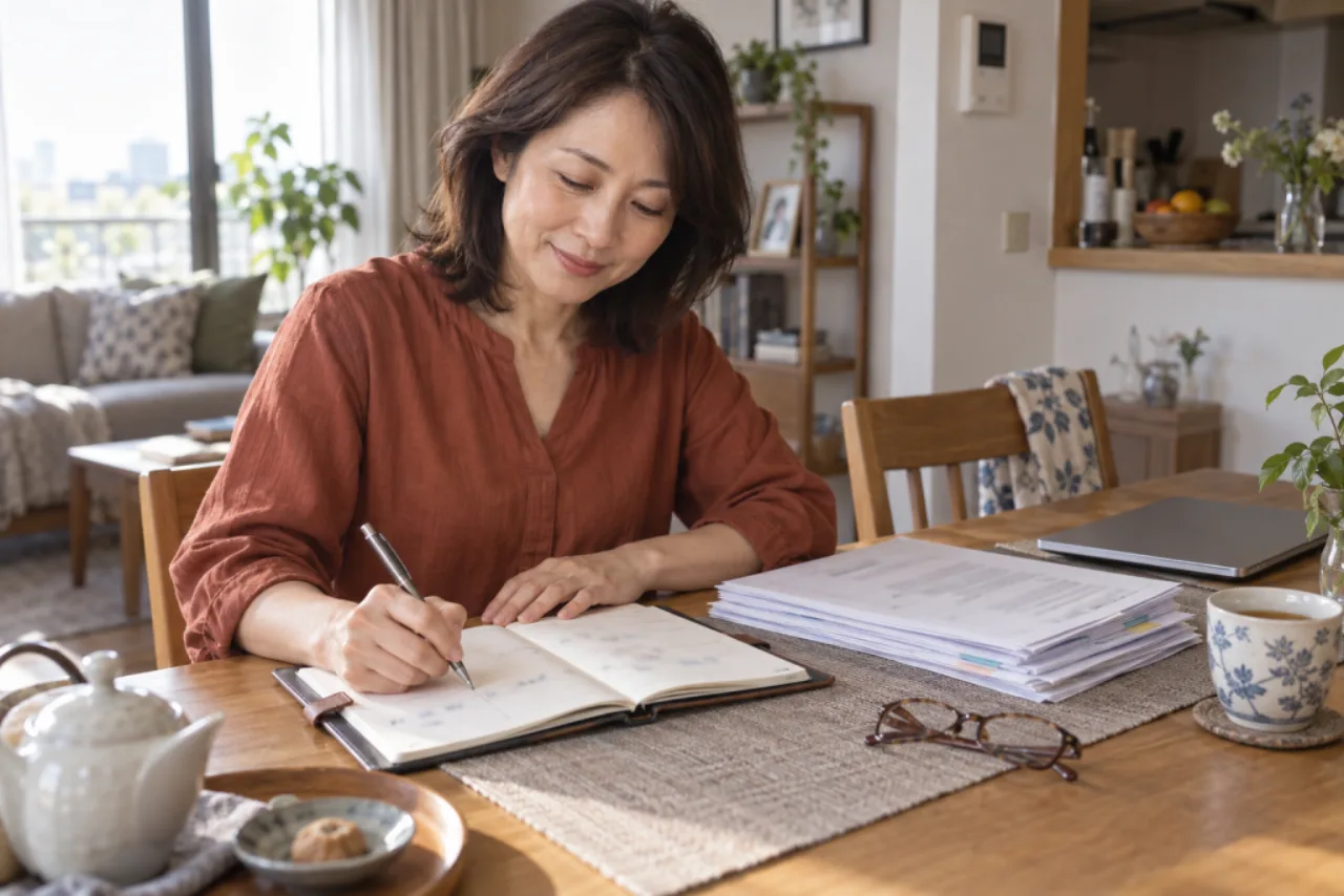 土曜の朝、保険書類を重ねて今週確認する三つの日付を手帳へ書く美咲さん