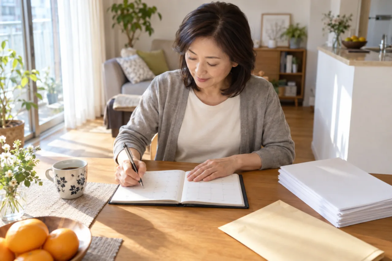 土曜の朝、保険書類のそばで手帳に三つの日付を書く美咲さん