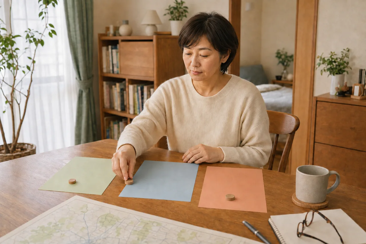 三色のカードを机に並べ、三つの老後の暮らしを比べる47歳の女性