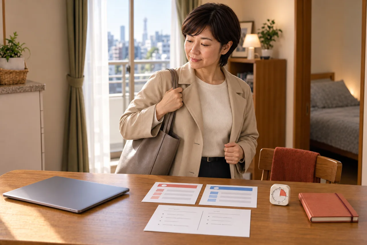 二つの役割カードと比較表を残して出勤する美咲さん