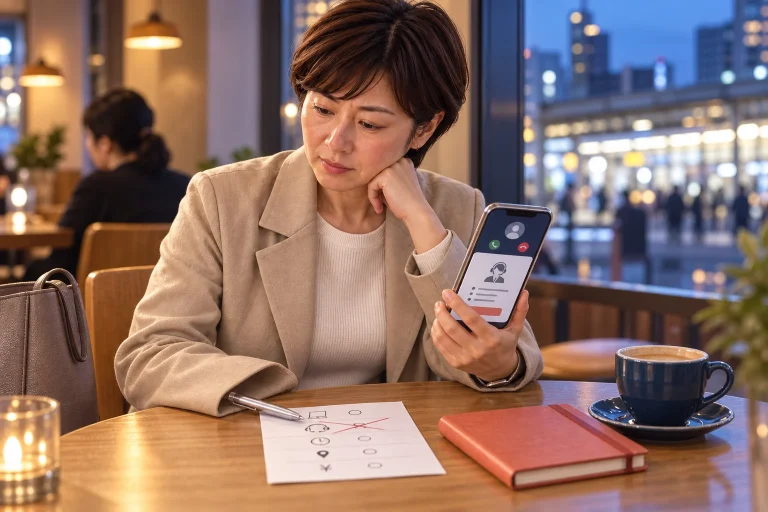 希望外の電話業務求人と担当者からの着信を前に考える美咲さん