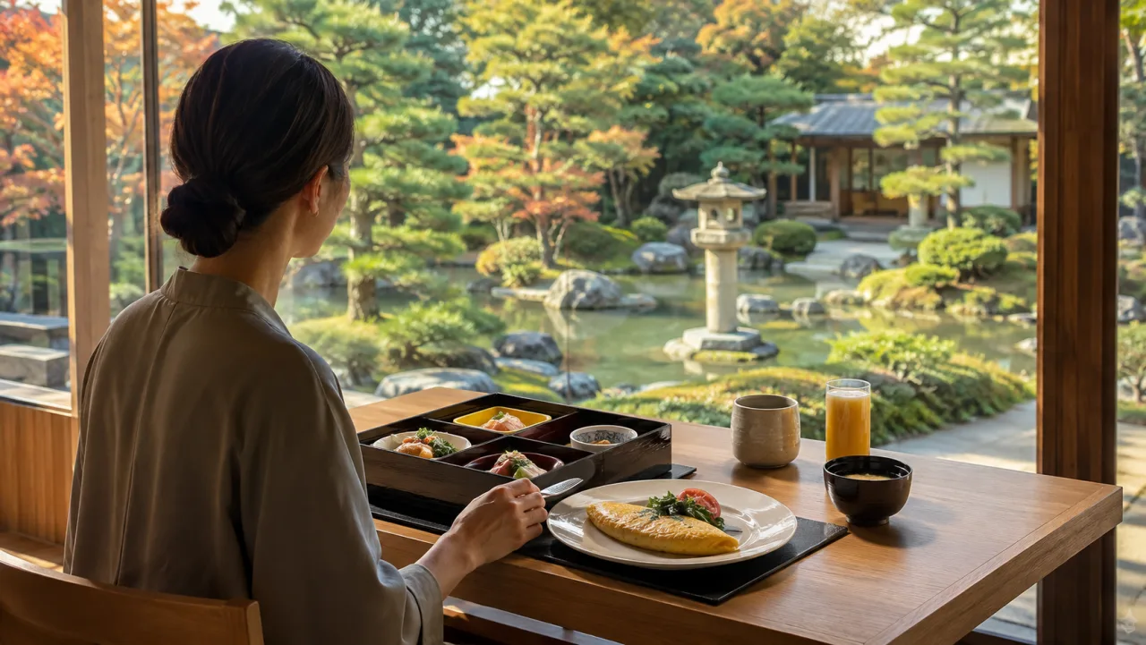 京都の庭を望む架空の高級ホテルで一人分の朝食を楽しむ場面