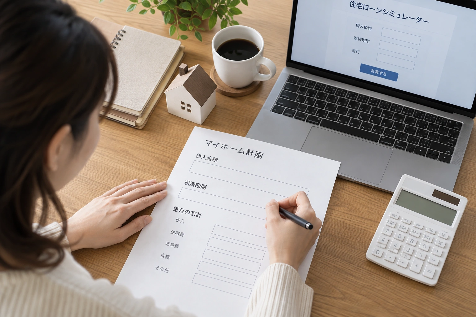 住宅ローンの借入額や返済期間を家計表に書き込む女性