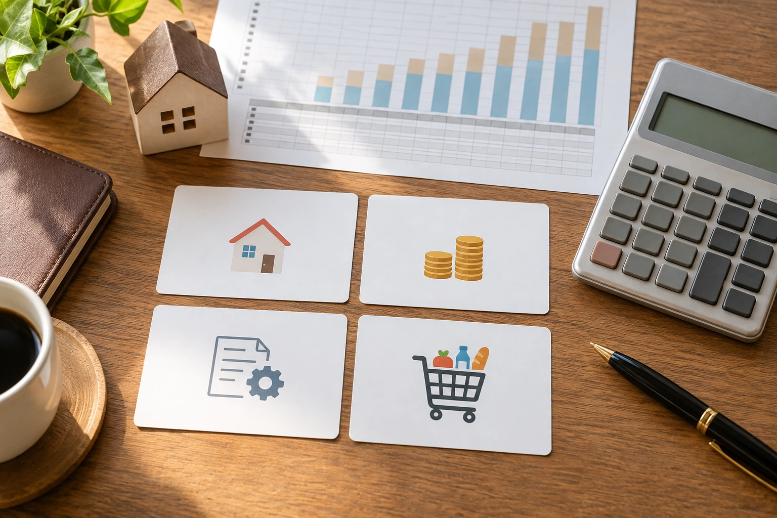 住宅ローンの返済予定表と物件価格・自己資金・諸費用を整理する机
