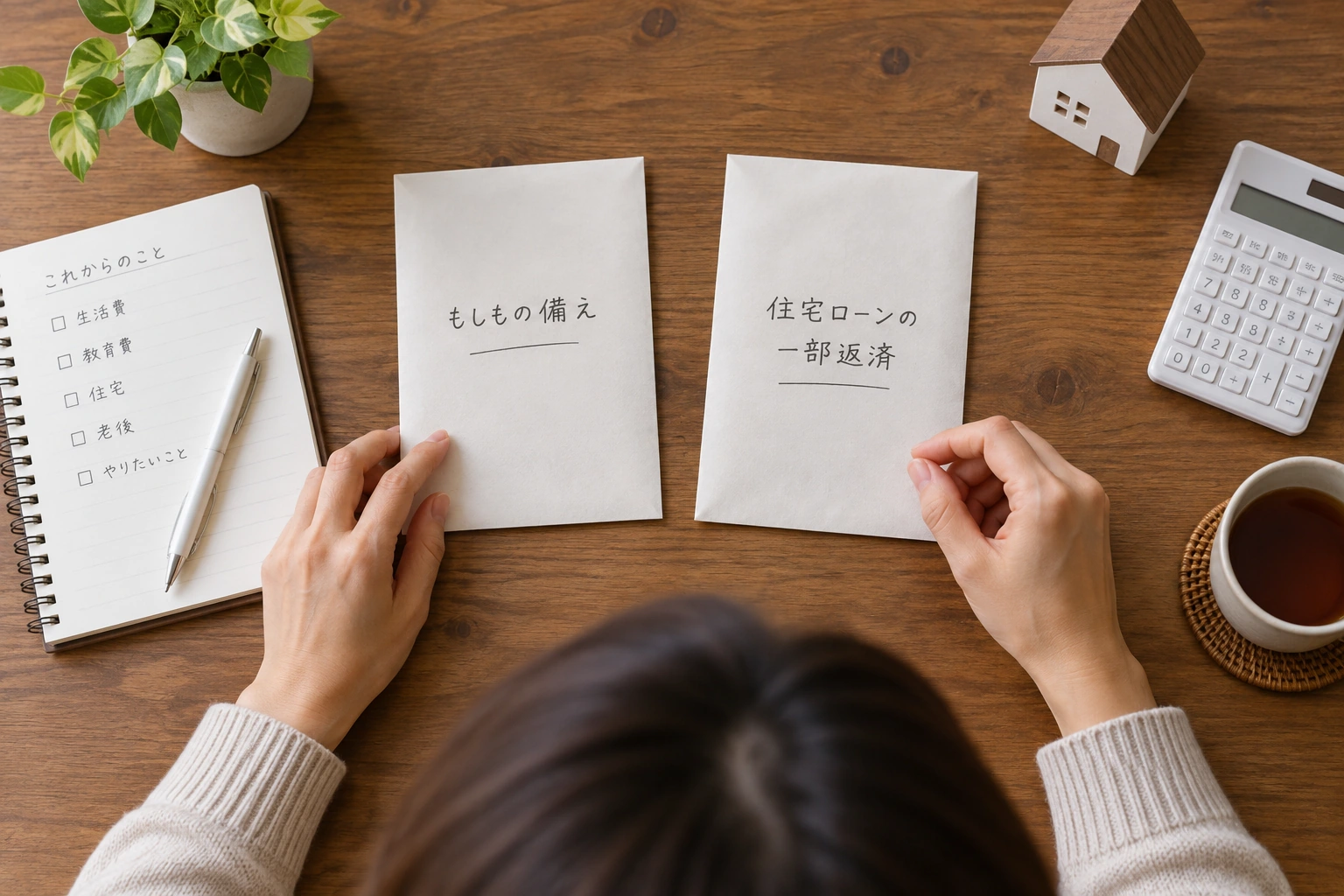 生活防衛資金と住宅ローンの一部繰上げ返済を比べる女性