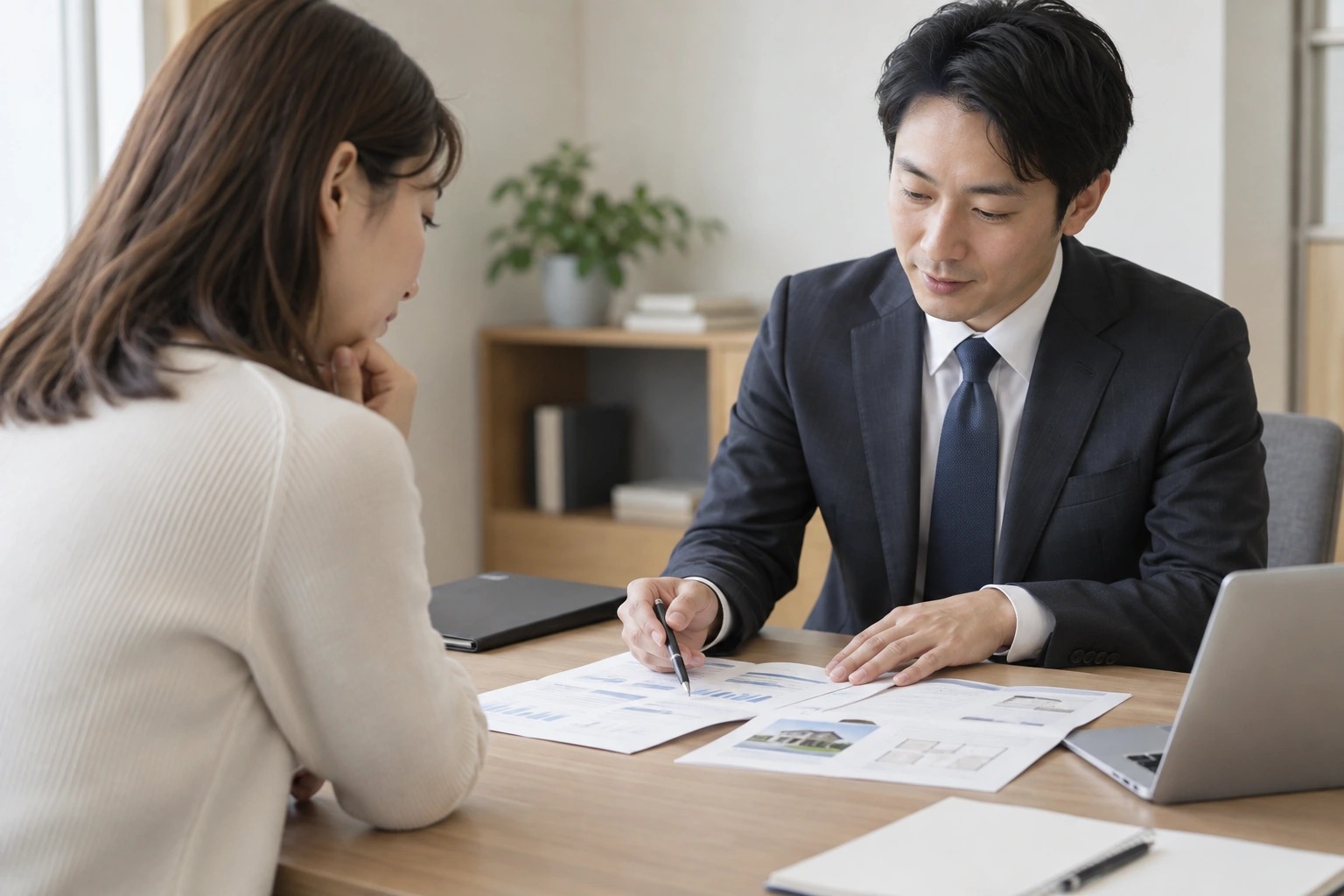 住宅ローンのシミュレーション条件を金融機関の担当者に確認する女性
