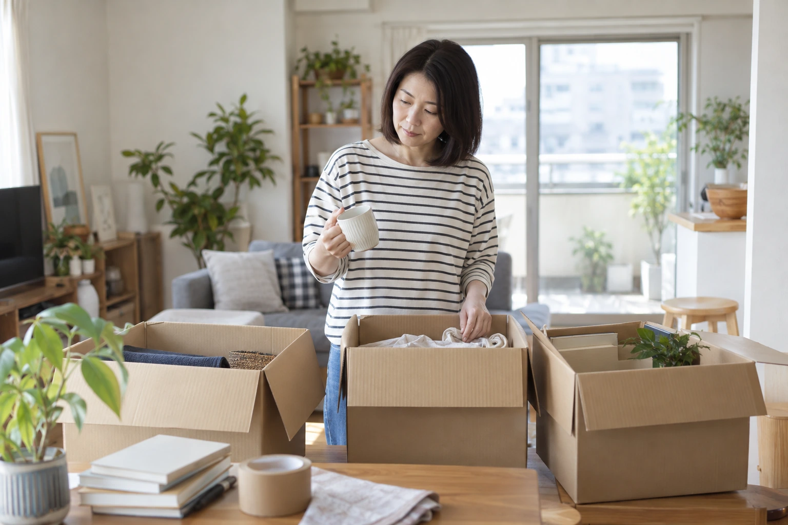 一人暮らしの女性が引越し前に荷物を整理する場面