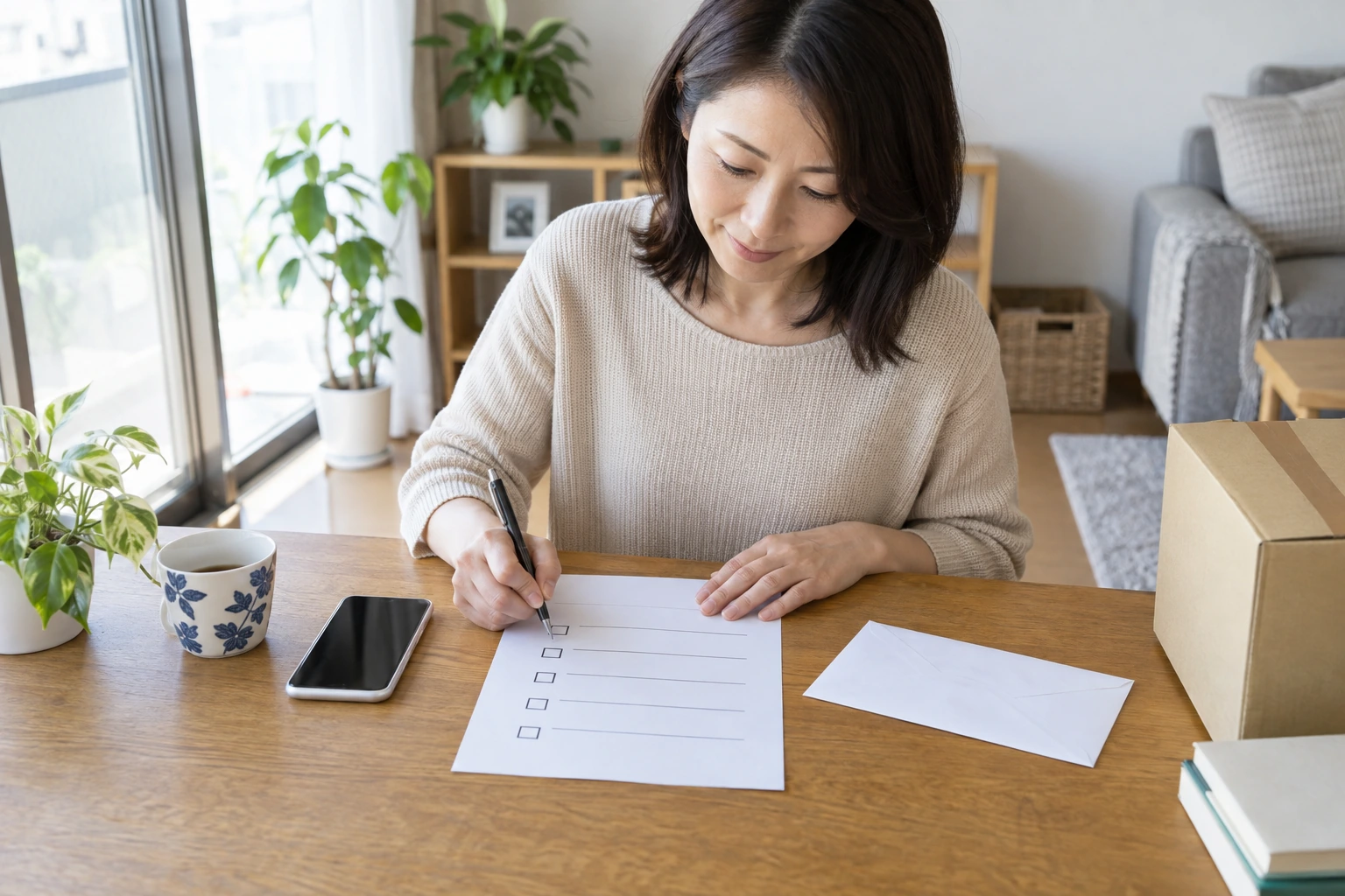 一人暮らしの女性が引越しの各種連絡を整理する場面