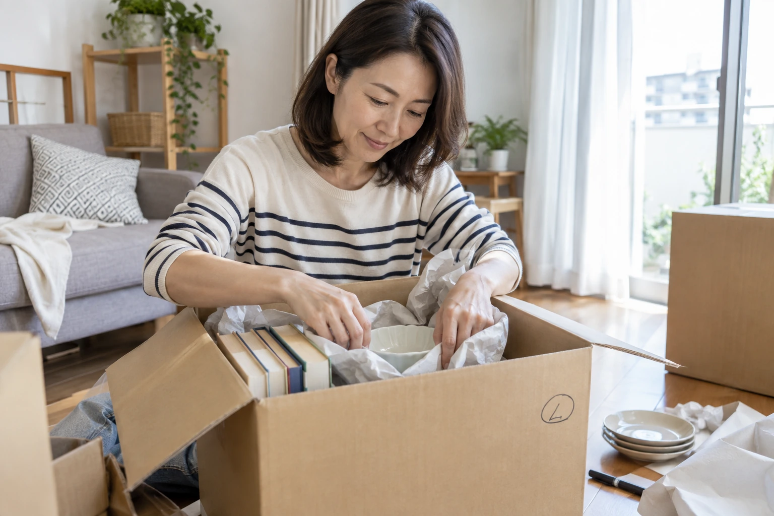 一人暮らしの女性が食器と本を箱へ詰める場面