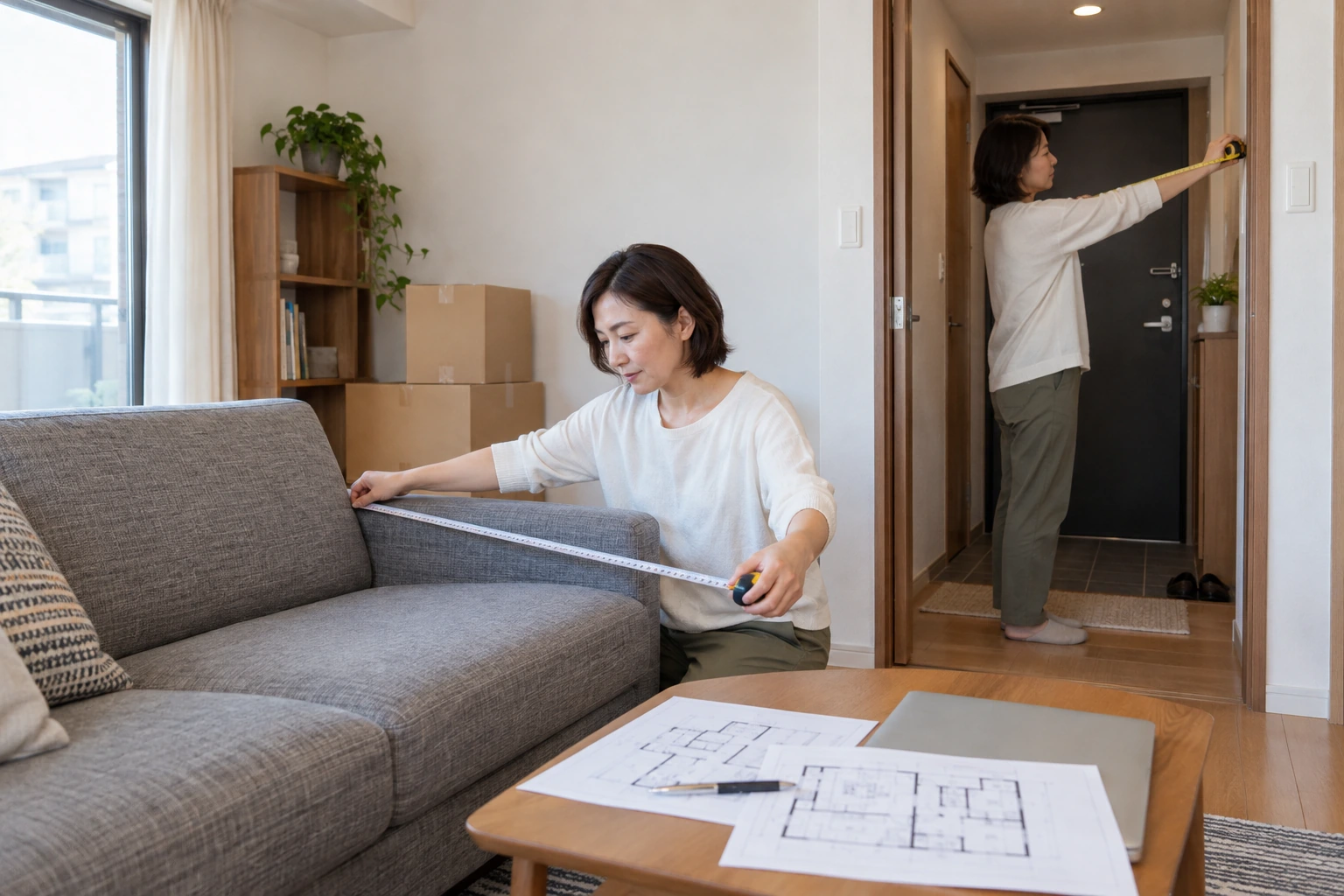 一人暮らしの女性が家具と玄関の幅を測る場面