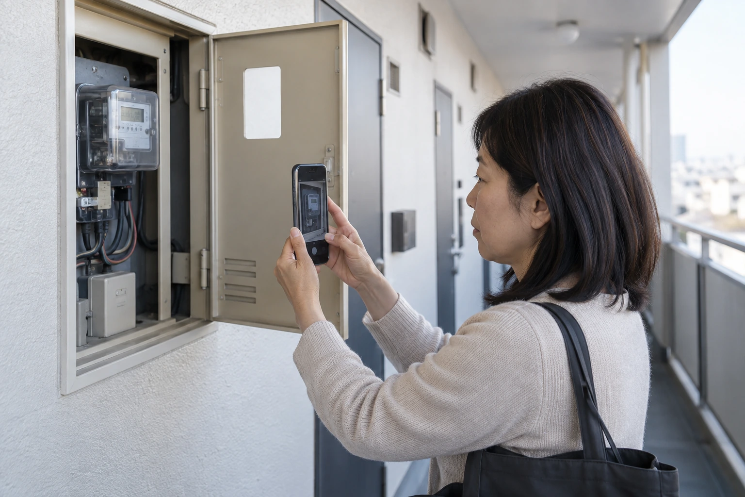 一人暮らしの女性が電気メーターをスマートフォンで記録する場面