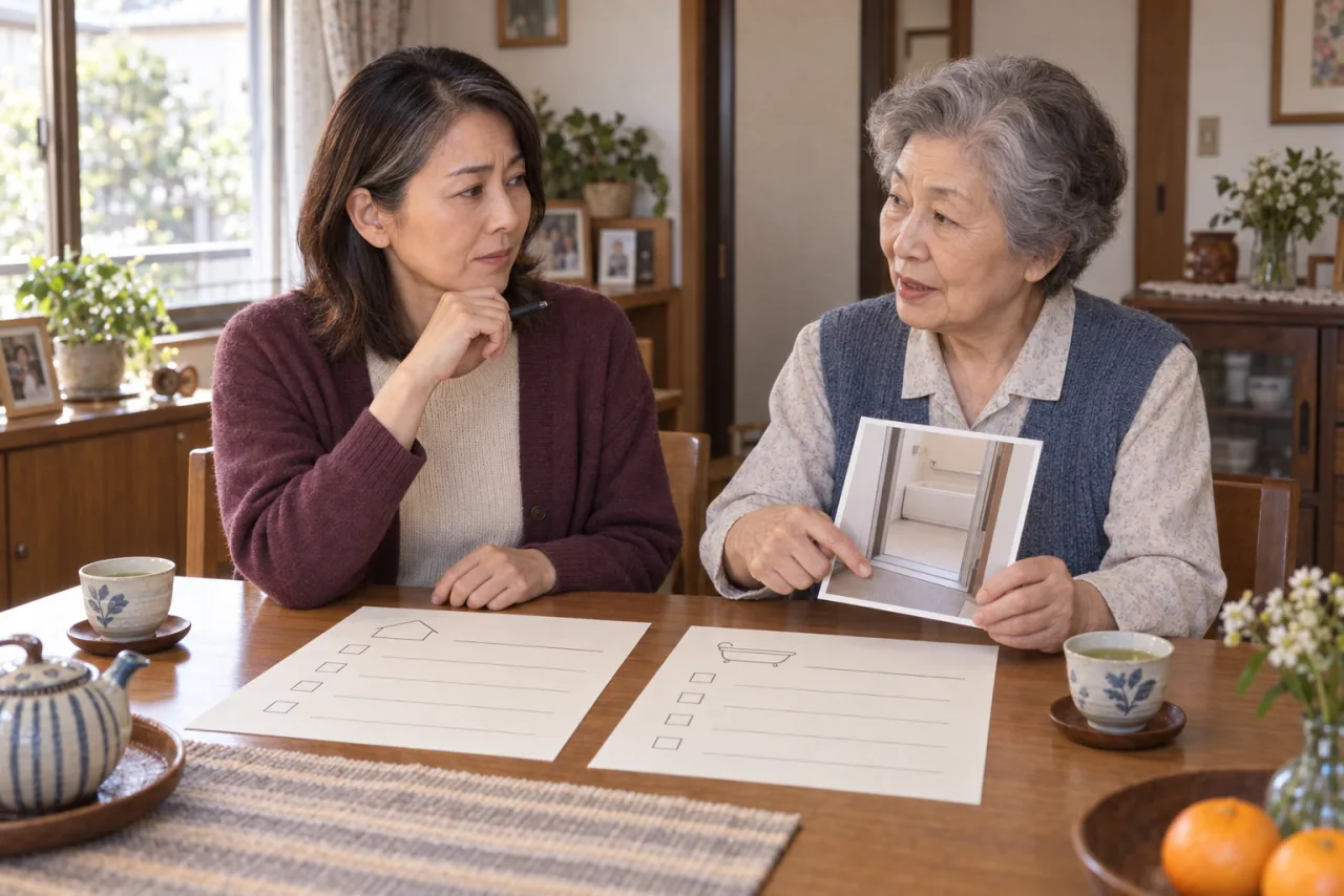 母の家の食卓で、母と二枚の生活地図を広げる直美さん