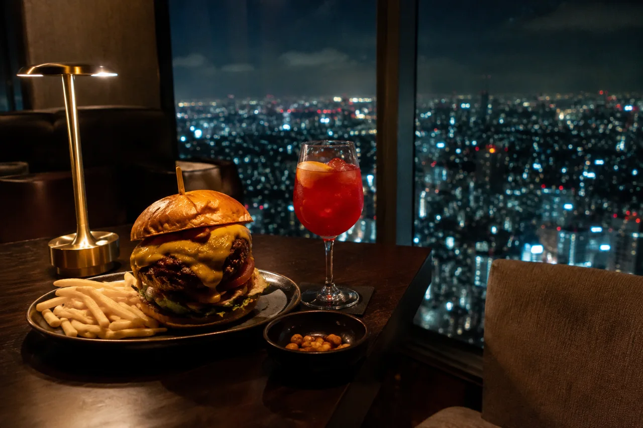 高層階の窓際に、一人分の大きなチーズバーガーと赤いカクテルが置かれている