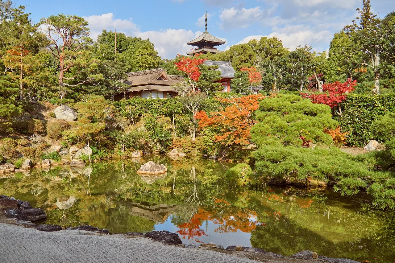 仁和寺の北庭で池越しに茶室と五重塔を眺める風景