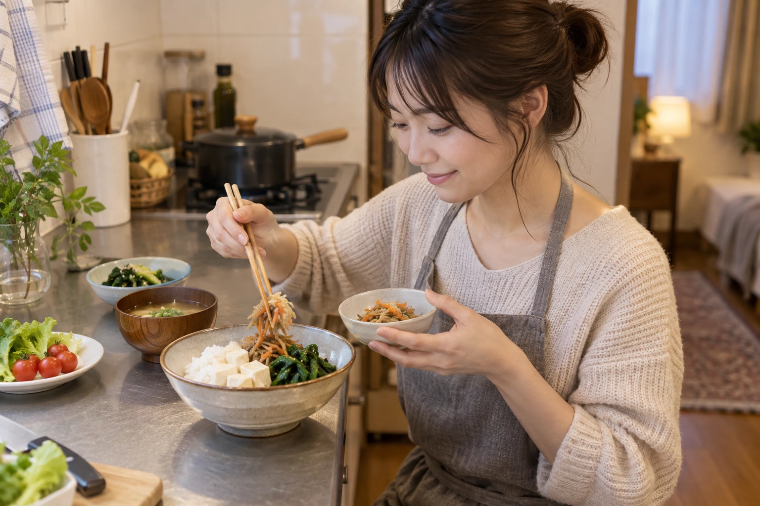 自炊と惣菜を組み合わせて一人分の食卓を整える場面