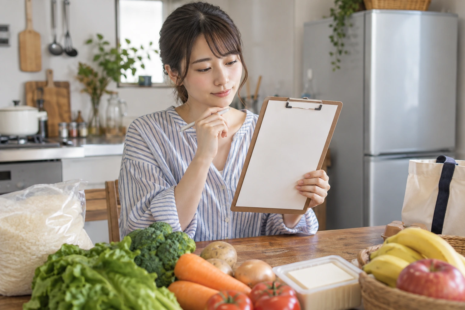 一人分の食事を整える買い物チェックリストを確認する場面