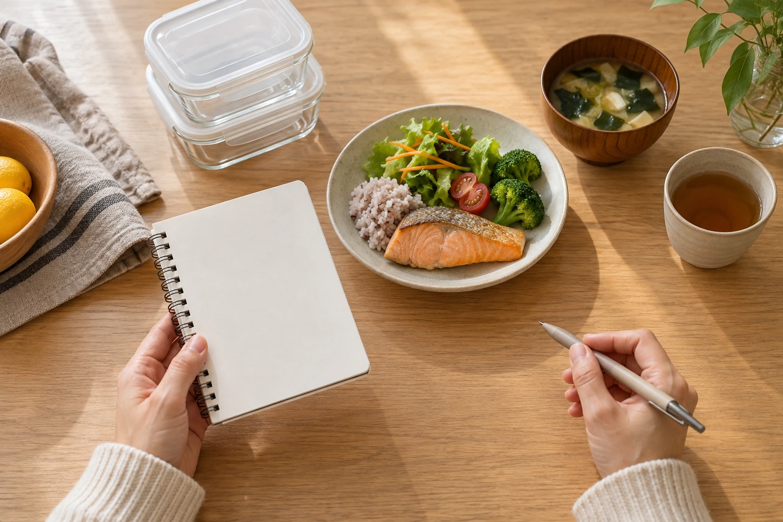 食事の役割と買い物メモを照らし合わせる手元