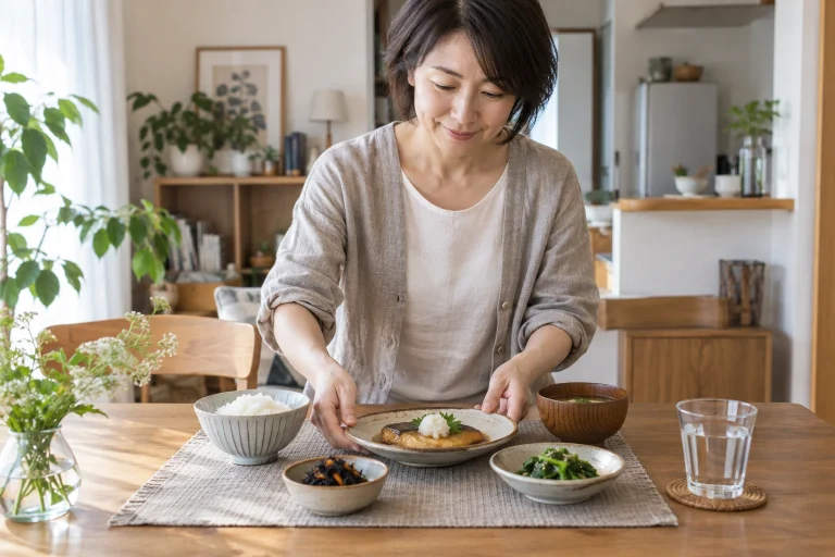 一人分の食事を食卓に整える女性