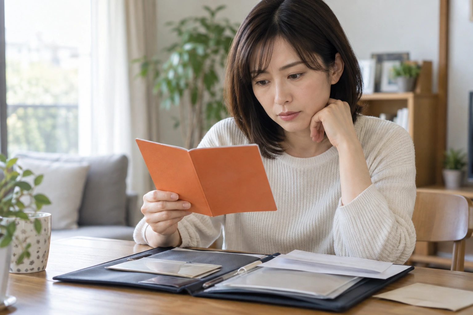 自宅で年金手帳と通知書を見比べる女性