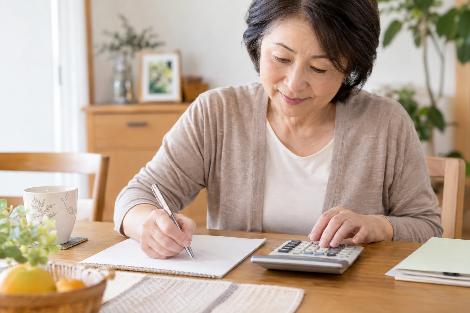 年金の見込額を計算する日本人女性の生活場面