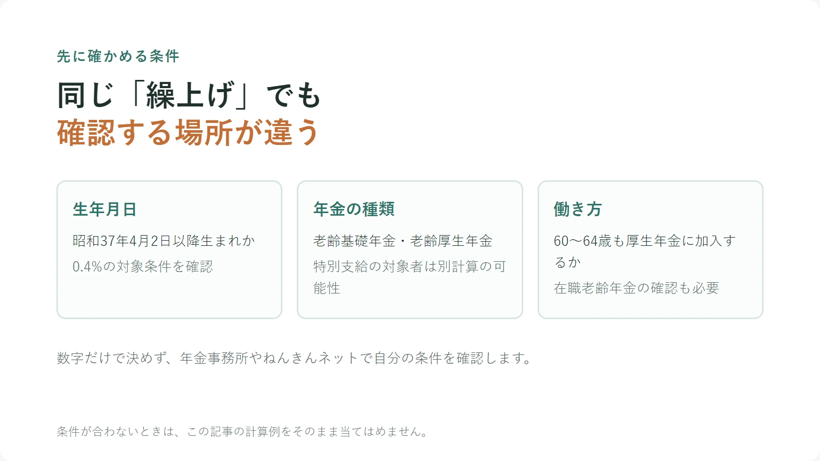 繰上げ受給の前に生年月日・年金の種類・働き方を確認する3項目
