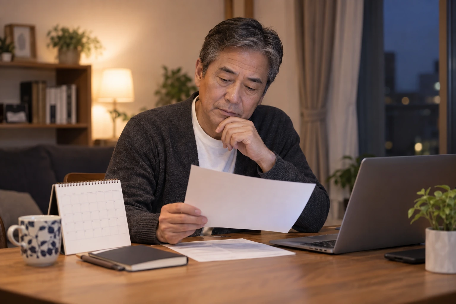 62歳の日本人女性が年金の見込額と家計を落ち着いて確認している場面