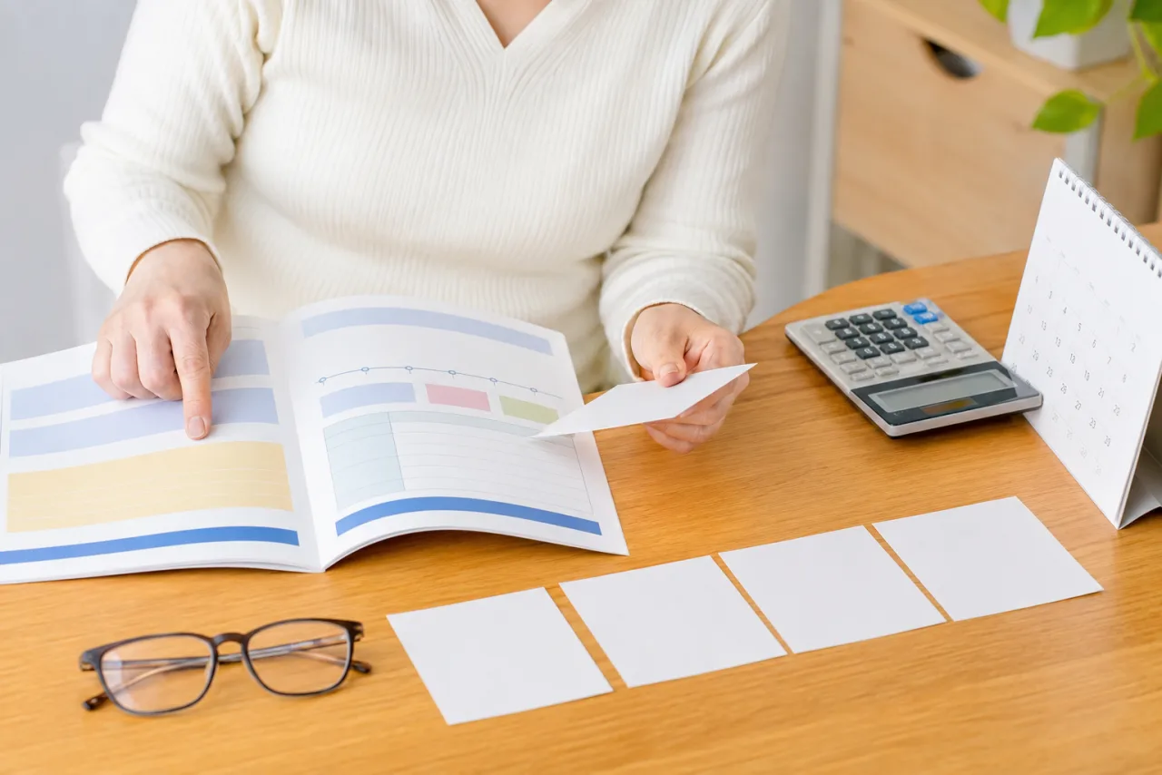 個人年金の設計書を電卓と付箋で比較する様子