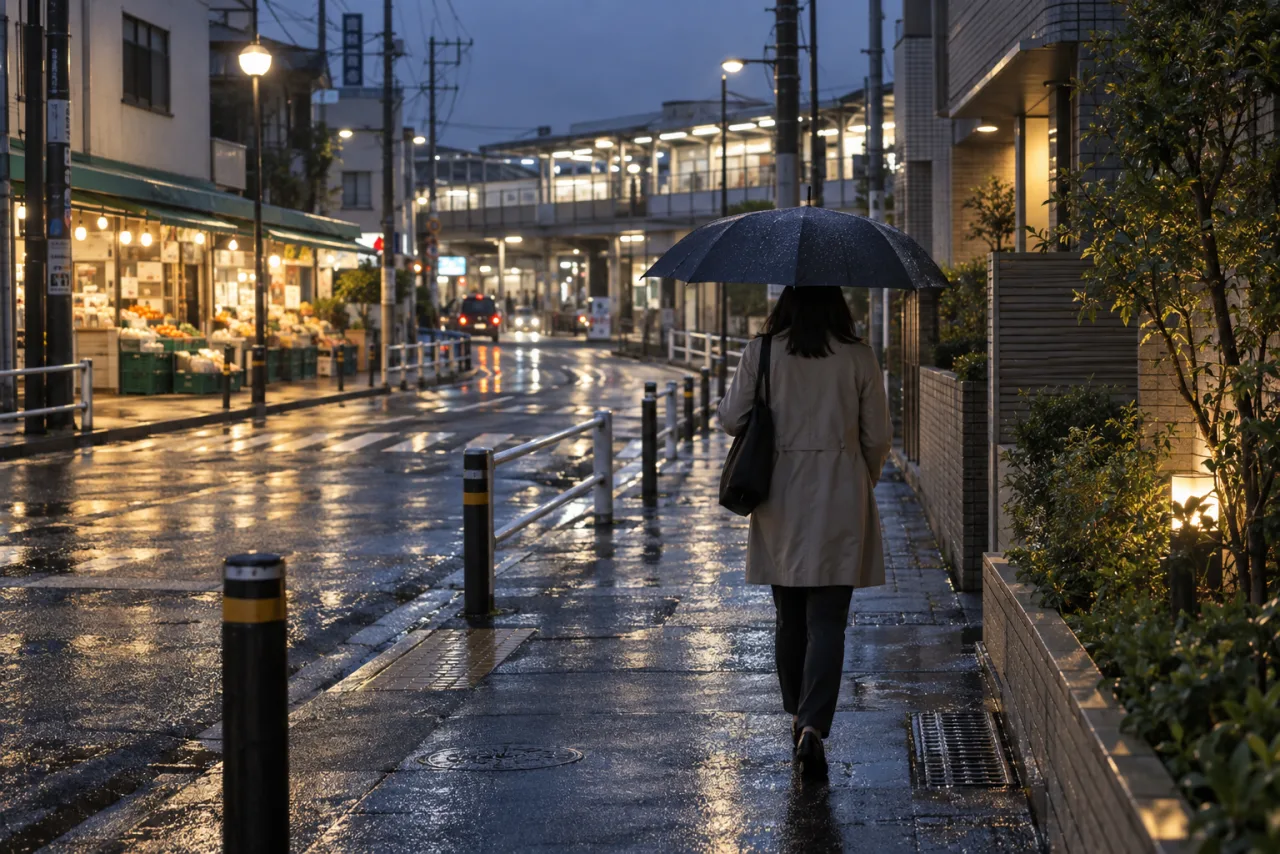 朝・夜・雨の日の周辺を歩いて住み替えやすさを確かめる佳奈さん