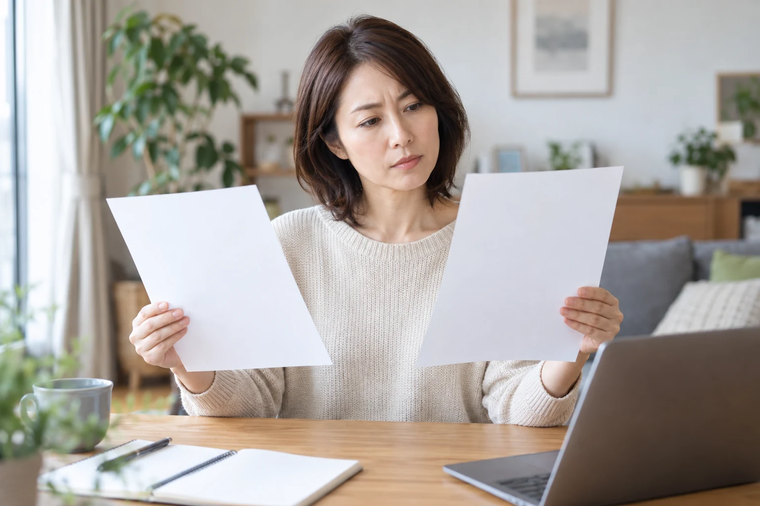 二つの賃貸見積もりを比較する女性の編集イメージ