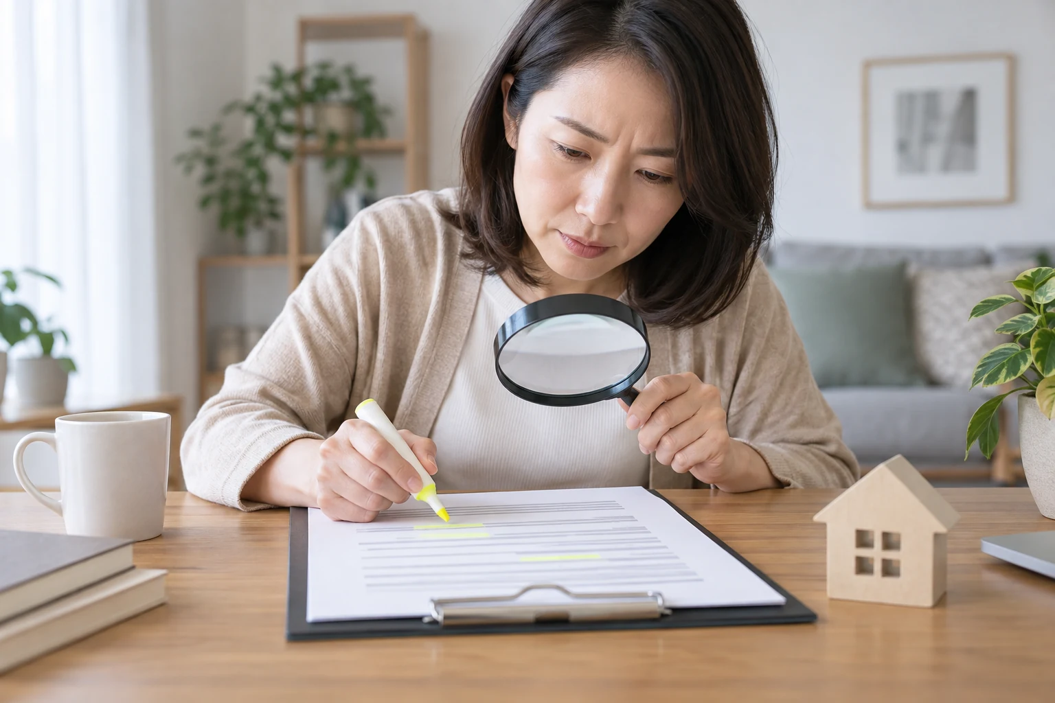 賃貸契約書の条件を拡大して確認する女性の編集イメージ
