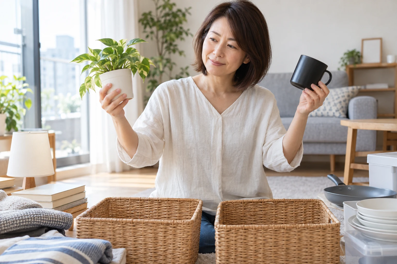 必要な家具と後回しにする家具を分ける女性の編集イメージ