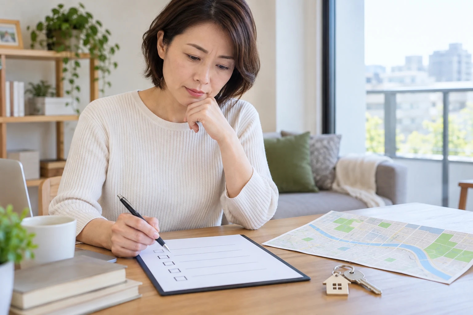 賃貸の防災と管理条件をチェックする女性の編集イメージ