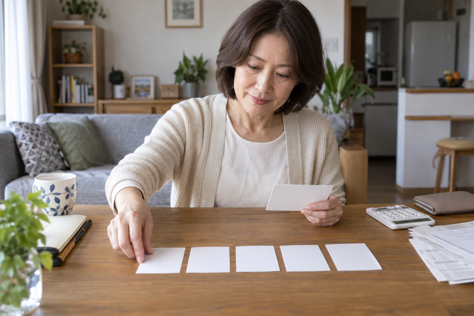 家計メモと領収書を前に夜に考える60代女性