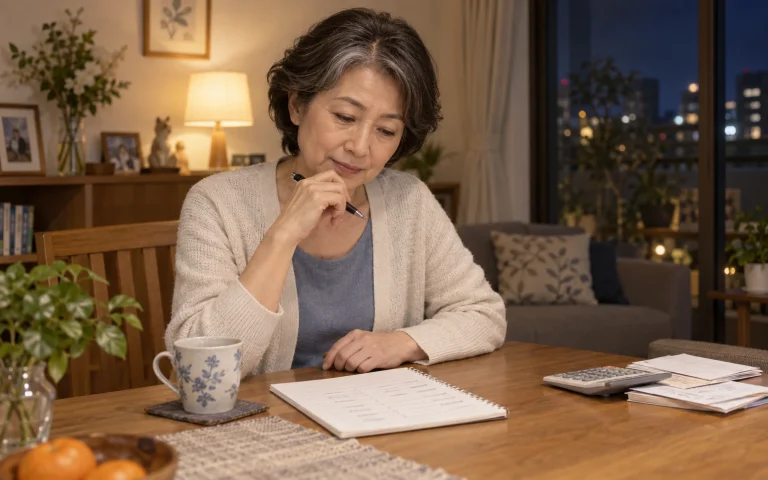 家計メモと領収書を前に夜に考える60代女性