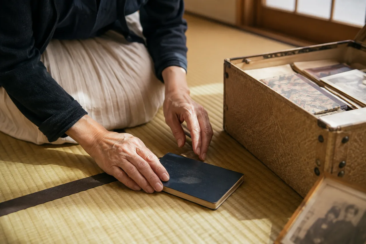 母の家の片付け中に古い通帳を見つけ、畳の上でページを開く女性