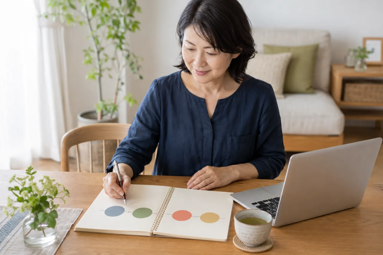 四つの年代を色の印に分け、ノートへ整理する女性