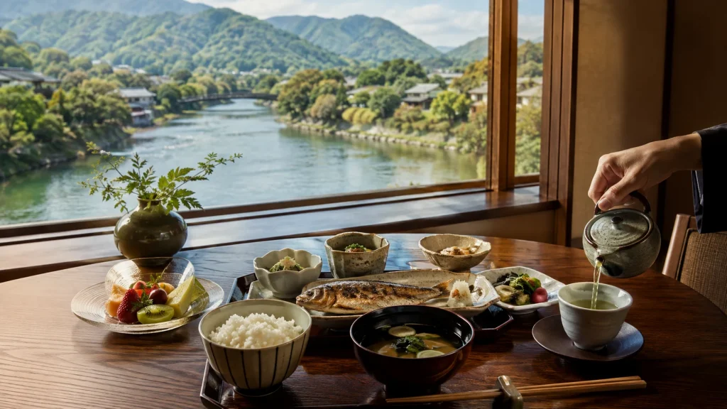 京都の川を望む架空の高級ホテルで一人分の和朝食を楽しむ場面